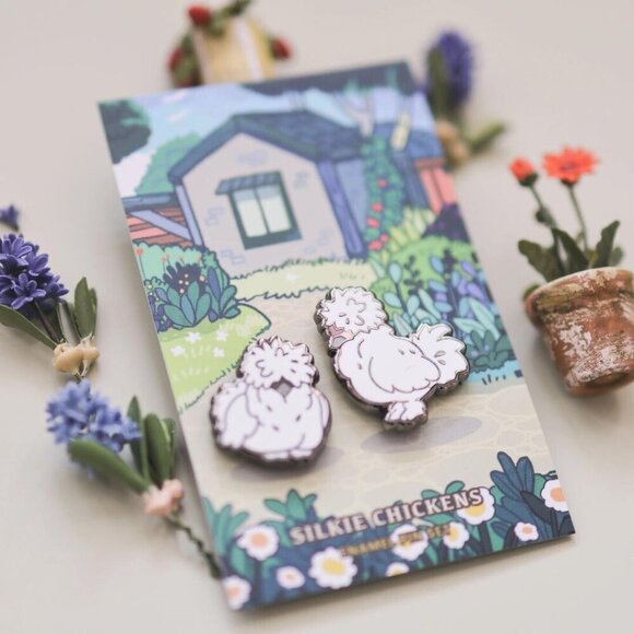 Silkie Chickens Enamel Pin Set - Set‎ of 2 - Farm Animals - Picture 5 of 7